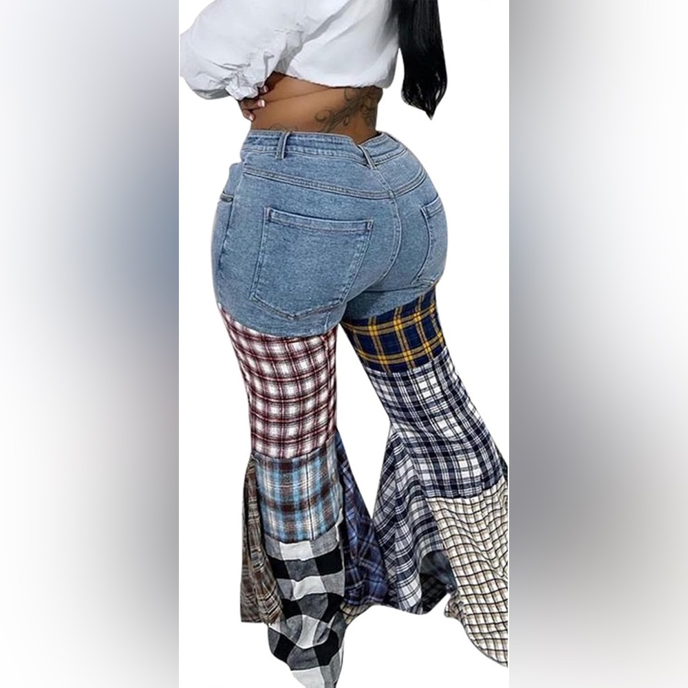 NWT! REHAB LAB Plaid Patchwork Mixed Media Flannel Flare Leg Denim Jeans Pants - Picture 14 of 15